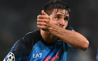 Napoli's foreward Giovanni Simeone  jubilates after scoring the goal  in action  during the Champions League group A soccer match between Napoli and Rangers FC , in 'Maradona Stadium' Naples, Italy, 26 october 2022.