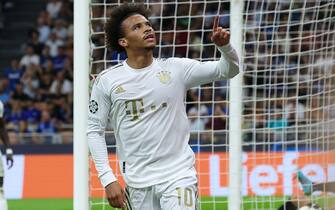 FC Bayern Munchen midfielder Leroy Sané jubilates after FC Inter Milan's defender Danilo D'Ambrosio's autogoal during the UEFA Champions League soccer match FC Inter Milan vs FC Bayern Munchen at Giuseppe Meazza Stadium in Milan, Italy, 7 September 2022. ANSA / ROBERTO BREGANI