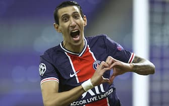 epaselect epa08799036 Angel Di Maria of PSG celebrates after scoring 1-0 lead during the UEFA Champions League group H soccer match between RB Leipzig and Paris Saint-Germain (PSG) in Leipzig, Germany, 04 November 2020.  EPA/Filip Singer