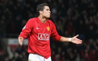 MANCHESTER, ENGLAND - NOVEMBER 27:  Cristiano Ronaldo of Manchester United celebrates scoring their second goal during the UEFA Champions League match between Manchester United and Sporting Lisbon at Old Trafford on November 27 2007, in Manchester, England. (Photo by Matthew Peters/Manchester United via Getty Images)