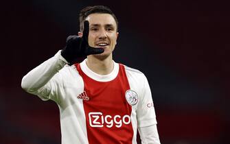 AMSTERDAM - Steven Berghuis of Ajax celebrates the 4-1 score during the UEFA Champions League match between Ajax Amsterdam and Sporting CP at the Johan Cruijff ArenA on December 7, 2021 in Amsterdam, Netherlands. ANP MAURICE VAN STEEN (Photo by ANP Sport via Getty Images)