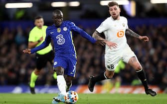 London, England, 22nd February 2022.   Ngolo Kante of Chelsea gets away from Xeha of Lille during the UEFA Champions League match at Stamford Bridge, London. Picture credit should read: Paul Terry / Sportimage via PA Images