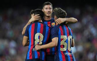 Pedro Gonzalez Pedri of FC Barcelona celebrates the 2-0 with his teammates Pablo Martin Gavira and Robert Lewandowski during the Joan Gamper trophy match between FC Barcelona and Pumas played at Spotify Camp Nou Stadium on August 7, 2022 in Barcelona, Spain. (Photo by Sergio Ruiz / PRESSIN)
