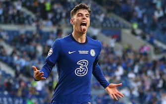 epa09620924 Kai Havertz of Chelsea celebrates after scoring the 1-0 lead during the UEFA Champions League final between Manchester City and Chelsea FC in Porto, Portugal, 29 May 2021. Chelsea won the game 1-0.  EPA/Jose Coelho / POOL *** Local Caption *** 56931483