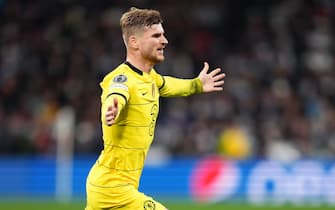 Timo Werner of Chelsea FC celebrates his goal during the UEFA Champions League match, Quarter Final, Second Leg, between Real Madrid and Chelsea FC played at Santiago Bernabeu Stadium on April 12, 2022 in Madrid, Spain. (Photo by Ruben Albarran / PRESSINPHOTO)