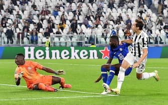 Juventus’ Federico Chiesa scores the gol (1-0) during the Uefa Champions League soccer match Juventus FC vs Chelsea FC at Allianz Stadium in Turin, Italy, 29 september 2021 ANSA/ALESSANDRO DI MARCO