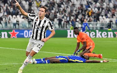 Juventus’ Federico Chiesa jubilates after scoring the goal (1-0) during the Uefa Champions League soccer match Juventus FC vs Chelsea FC at Allianz Stadium in Turin, Italy, 29 september 2021 ANSA/ALESSANDRO DI MARCO