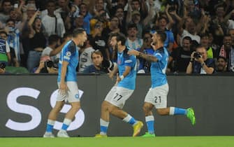   Napoli’s midfielder Piotr Zielinski  jubilates with his teammate after scoring the goal  during the UEFA Champions League first leg group A soccer match between SSC Napoli and Liverpool  FC  at the 'Diego Armando Maradona' stadium in Naples, Italy, 7 September 2022
ANSA / CESARE ABBATE