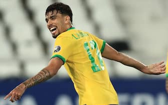 RIO DE JANEIRO, BRAZIL - JULY 05: Lucas Paqueta of Brazil celebrates after scoring the first goal of his team during a semi-final match of Copa America Brazil 2021 between Brazil and Peru at Estadio OlÃ­mpico Nilton Santos on July 05, 2021 in Rio de Janeiro, Brazil. (Photo by Buda Mendes/Getty Images)