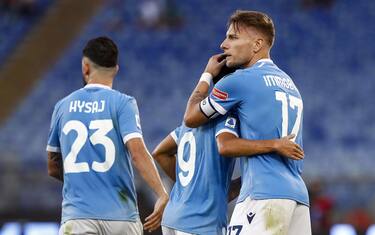 Lazio's Ciro Immobile jubilates after scoring the 1-0 goal during the Italian Serie A soccer match SS Lazio vs Cagliari Calcio at Olimpico stadium in Rome, Italy, 19 September 2021. ANSA/ANGELO CARCONI