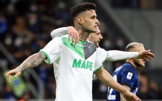 Sassuolo’s Gianluca Scamacca jubilates after scoring the 0-2 goal during the Italian serie A soccer match between FC Inter  and Sassuolo at Giuseppe Meazza stadium in Milan, 20 February  2022. ANSA / MATTEO BAZZI
