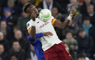 epa09914996 Tammy Abraham (front) of AS Roma in action during the UEFA Conference League semi final, first leg soccer match between Leicester City and AS Roma in Leicester, Britain, 28 April 2022.  EPA/ANDREW YATES