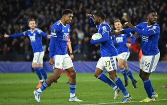 Leicester City's English striker Ademola Lookman (C) celebrates with teammates after scoring their first goal during the UEFA Conference League semi-final first leg football match between Leicester City and Roma at King Power Stadium, in Leicester, on April 28, 2022. (Photo by Oli SCARFF / AFP) (Photo by OLI SCARFF/AFP via Getty Images)