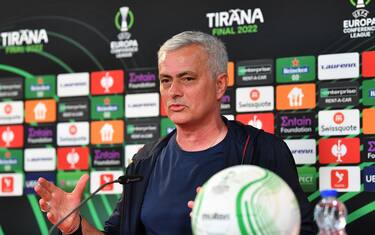 TIRANA, ALBANIA - MAY 24: Jose Mourinho, Head Coach of AS Roma speaks during a press conference at Arena Kombetare on May 24, 2022 in Tirana, Albania. AS Roma will face Feyenoord in the UEFA Conference League final on May 25, 2022. (Photo by Valerio Pennicino - UEFA/UEFA via Getty Images)