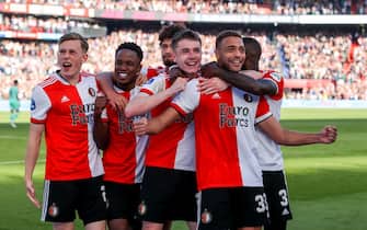 ROTTERDAM, NETHERLANDS - MAY 8: Cyriel Dessers of Feyenoord Rotterdam celebrates his second goal during the Dutch Eredivisie match between Feyenoord and PSV at Stadion Feyenoord on May 8, 2022 in Rotterdam, Netherlands (Photo by Herman Dingler/Orange Pictures)