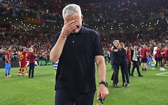TIRANA, ALBANIA - MAY 25: Jose Mourinho, Head Coach of AS Roma reacts following their sides victory in the UEFA Conference League final match between AS Roma and Feyenoord at Arena Kombetare on May 25, 2022 in Tirana, Albania. (Photo by Tullio Puglia - UEFA/UEFA via Getty Images)