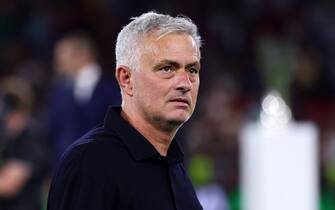TIRANA, ALBANIA - MAY 25: Jose Mourinho, Head Coach of AS Roma looks on following their sides victory in the UEFA Conference League final match between AS Roma and Feyenoord at Arena Kombetare on May 25, 2022 in Tirana, Albania. (Photo by Alex Pantling/Getty Images)
