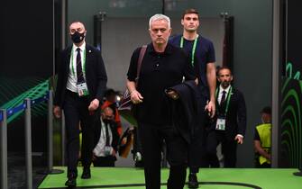 TIRANA, ALBANIA - MAY 25: Jose Mourinho, Head Coach of AS Roma arrives at the stadium prior to the UEFA Conference League final match between AS Roma and Feyenoord at Arena Kombetare on May 25, 2022 in Tirana, Albania. (Photo by Valerio Pennicino - UEFA/UEFA via Getty Images)