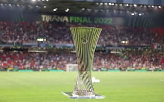 A picture shows the trophy ahead of the UEFA Europa Conference League final football match between AS Roma and Feyenoord at the Air Albania Stadium in Tirana on May 25, 2022. (Photo by Gent Shkullaku / AFP) (Photo by GENT SHKULLAKU/AFP via Getty Images)