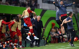 TIRANA, ALBANIA - MAY 25: Jose Mourinho reacts after Nicolo Zaniolo of AS Roma (not pictured) scored their sides first goal during the UEFA Conference League final match between AS Roma and Feyenoord at Arena Kombetare on May 25, 2022 in Tirana, Albania. (Photo by Justin Setterfield/Getty Images)