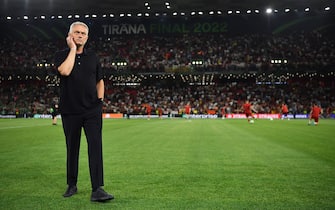 TIRANA, ALBANIA - MAY 25: Jose Mourinho, Head Coach of AS Roma looks on prior to the UEFA Conference League final match between AS Roma and Feyenoord at Arena Kombetare on May 25, 2022 in Tirana, Albania. (Photo by Valerio Pennicino - UEFA/UEFA via Getty Images)