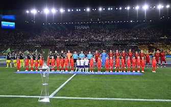 TIRANA, ALBANIA - MAY 25: A general view inside the stadium as both sides line up prior to the UEFA Conference League final match between AS Roma and Feyenoord at Arena Kombetare on May 25, 2022 in Tirana, Albania. (Photo by Tullio Puglia - UEFA/UEFA via Getty Images)