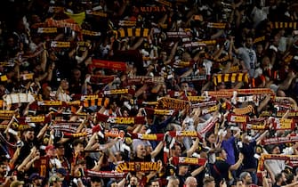 TIRANA, ALBANIA - MAY 25: supporters of AS Roma during the Conference League  match between AS Roma v Feyenoord at the Air Albania Stadium on May 25, 2022 in Tirana Albania (Photo by Rico Brouwer/Soccrates/Getty Images)