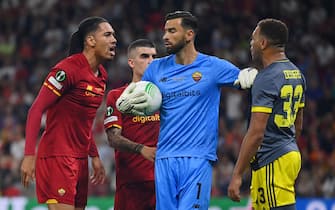 TIRANA, ALBANIA - MAY 25: Chris Smalling of AS Roma clashes with Cyriel Dessers of Feyenoord during the UEFA Conference League final match between AS Roma and Feyenoord at Arena Kombetare on May 25, 2022 in Tirana, Albania. (Photo by Justin Setterfield/Getty Images)