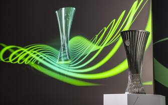 SWITZERLAND UEFA CONFERENCE LEAGUE DRAW epa09833915 The trophy on display ahead of the UEFA Europa Conference League 2021/22 quarter finals and semi finals draw at the UEFA Headquarters in Nyon, Switzerland, 18 March 2022. EPA/MARTIAL TREZZINI