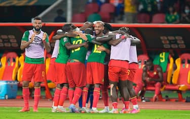 Cameroon team celebrates scoring their fourth goal  during Cameroon against Ethiopia, African Cup of Nations, at Olembe Stadium on January 13, 2022. (Photo by Ulrik Pedersen/NurPhoto via Getty Images)