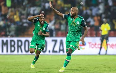 Comoros' forward Ahmed Mogni (R) celebrates after scoring his team's second goal during the Group C Africa Cup of Nations (CAN) 2021 football match between Ghana and Comoros at Stade Roumde Adjia in Garoua on January 18, 2022. (Photo by Daniel BELOUMOU OLOMO / AFP) (Photo by DANIEL BELOUMOU OLOMO/AFP via Getty Images)