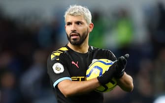 BIRMINGHAM, ENGLAND - JANUARY 12: Sergio Aguero of Manchester CIty celebrates victory with the match ball after he scored a hat-trick during the Premier League match between Aston Villa and Manchester City at Villa Park on January 12, 2020 in Birmingham, United Kingdom. (Photo by Catherine Ivill/Getty Images)