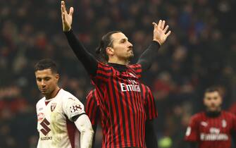 MILAN, ITALY - JANUARY 28:  Zlatan Ibrahimovic of AC Milan celebrates his goal during the Coppa Italia Quarter Final match between AC Milan and Torino at San Siro on January 28, 2020 in Milan, Italy.  (Photo by Marco Luzzani/Getty Images)