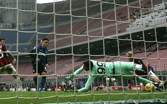 Inter Milan’s Lautaro Martinez scores goal of 0 to 2  the Italian serie A soccer match between AC Milan and Fc Inter at Giuseppe Meazza stadium in Milan, 21 February  2021.
ANSA / MATTEO BAZZI