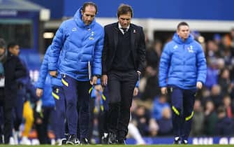 Tottenham Hotspur manager Antonio Conte (right) and Tottenham Hotspur assistant head coach Cristian Stellini (left) during the Premier League match at Goodison Park, Liverpool. Picture date: Sunday November 7, 2021.