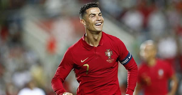 epa09515674 Portugal's player Cristiano Ronaldo celebrates a goal during the international friendly soccer match Portugal vs Qatar at Algarve held at Algarve stadium in Faro, Portugal, 09 October 2021. Portugal will face Luxembourg for the FIFA World Cup Qatar 2022 qualifying Group A soccer match next 12 October.  EPA/ANTONIO COTRIM