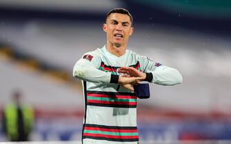 epa09102265 Portugal's Cristiano Ronaldo reacts during the Group A of FIFA World Cup Qatar 2022 qualifier match at Rajko Mitic Stadium in Belgrade, Serbia, 27th March 2021.  EPA/MIGUEL A. LOPES