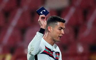 epa09102256 Portugal's Cristiano Ronaldo reacts after the Group A of FIFA World Cup Qatar 2022 qualifier match at Rajko Mitic Stadium in Belgrade, Serbia, 27th March 2021.  EPA/MIGUEL A. LOPES