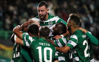 Sporting players celebrates after scoring a goal during the UEFA Europa League Group D football match between Sporting CP and PSV Eindhoven at the Jose Alvalade stadium in Lisbon, on November 28, 2019. (Photo by FILIPE AMORIM / AFP) (Photo by FILIPE AMORIM/AFP via Getty Images)