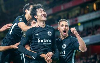 LONDON, ENGLAND - NOVEMBER 28: Daichi Kamada of Eintracht Frankfurt celebrates during the UEFA Europa League group F match between Arsenal FC and Eintracht Frankfurt at Emirates Stadium on November 28, 2019 in London, United Kingdom. (Photo by TF-Images/Getty Images)