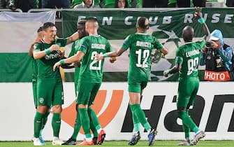 Ludogorets Razgrad's Romanian forward Claudiu-Andrei Keseru celebrates with teammates after scoring a goal during the UEFA Europa League Group H football match between PFC Ludogorets 1945 and CSKA Moscow at the Ludogorets Arena,on September 19, 2019, in Razgrad. (Photo by NIKOLAY DOYCHINOV / AFP)        (Photo credit should read NIKOLAY DOYCHINOV/AFP via Getty Images)