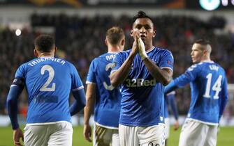 GLASGOW, SCOTLAND - DECEMBER 12: Alfredo Morelos of Rangers FC celebrates with teammates after scoring his team's first goal during the UEFA Europa League group G match between Rangers FC and BSC Young Boys at Ibrox Stadium on December 12, 2019 in Glasgow, United Kingdom. (Photo by Ian MacNicol/Getty Images)