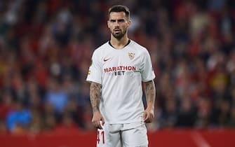 SEVILLE, SPAIN - FEBRUARY 27:  Suso of Sevilla FC looks on during the UEFA Europa League round of 32 second leg match between Sevilla FC and CFR Cluj at Estadio Ramon Sanchez Pizjuan on February 27, 2020 in Seville, Spain. (Photo by Quality Sport Images/Getty Images)