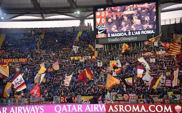 ROME, ITALY - FEBRUARY 23: AS Roma supporters show a flag before the Serie A match between AS Roma and  US Lecce at Stadio Olimpico on February 23, 2020 in Rome, Italy. (Photo by Silvia Lore/Getty Images)