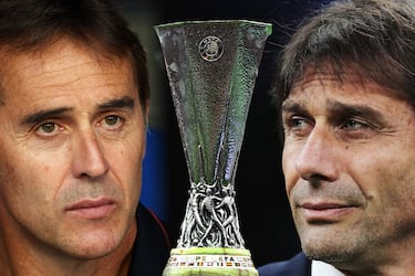 FILE PHOTO (EDITORS NOTE: COMPOSITE OF IMAGES - Image numbers 1197380217, 1152467118, 1168793835 - GRADIENT ADDED) In this composite image a comparison has been made between Head Coach Julen Lopetegui of Sevilla FC (L) and FC Internazionale Milan Head Coach Antonio Conte. Seville and FC Internazionale meet in the UEFA Europa League Final on August 21,2020 at the RheinEnergieStadion in Cologne,Germany. ***LEFT IMAGE*** MILAN, ITALY - JANUARY 29: FC Internazionale coach Antonio Conte looks on during the Coppa Italia Quarter Final match between FC Internazionale and ACF Fiorentina at San Siro on January 29, 2020 in Milan, Italy. (Photo by Emilio Andreoli/Getty Images) ***CENTER IMAGE*** BAKU, AZERBAIJAN - MAY 29: A detailed view of the Europa League Trophy is seen prior to the UEFA Europa League Final between Chelsea and Arsenal at Baku Olimpiya Stadionu on May 29, 2019 in Baku, Azerbaijan. (Photo by Michael Regan/Getty Images) ***RIGHT IMAGE***  BARCELONA, SPAIN - AUGUST 18: Head Coach Julen Lopetegui of Sevilla FC looks on during the Liga match between RCD Espanyol and Sevilla FC at RCDE Stadium on August 18, 2019 in Barcelona, Spain. (Photo by Alex Caparros/Getty Images)