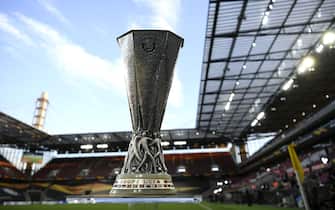 COLOGNE, GERMANY - AUGUST 21: A view of the UEFA Europa League Trophy is seen inside the stadium prior to  during the UEFA Europa League Final between Seville and FC Internazionale at RheinEnergieStadion on August 21, 2020 in Cologne, Germany. (Photo by Ina Fassbender/Pool via Getty Images)