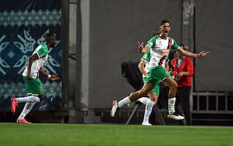 ZAPORIZHZHIA, UKRAINE - AUGUST 26, 2021 - Defender Leo Greiml (R) of SK Rapid Wien reacts to scoring the second goal in the 15th minute during the 2021/2022 UEFA Europa League play-off 2nd leg game against FC Zorya Luhansk at the Slavutych Arena, Zaporizhzhia, southeastern Ukraine.