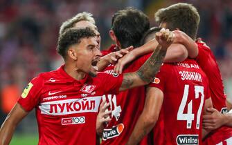 MOSCOW, RUSSIA â€“ AUGUST 26, 2021: Spartak Moscow's Jordan Larsson (L) and his teammates celebrate a goal in a 2021/2022 Russian Premier League Round 6 football match between Spartak Moscow and FC Sochi at Otkritie Arena. Anton Novoderezhkin/TASS/Sipa USA