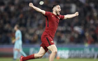 Roma's Kostas Manolas jubilates after scoring the goal during Champions League quarter-final second leg soccer match between AS Roma and FC Barcelona at the Olimpico Stadium, Rome, Italy, 10 April 2018. ANSA/RICCARDO ANTIMIANI