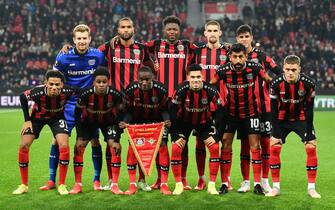 LEVERKUSEN, GERMANY - NOVEMBER 04: Bayer 04 Leverkusen players pose for a photo prior to the UEFA Europa League group G match between Bayer Leverkusen and Real Betis at BayArena on November 04, 2021 in Leverkusen, Germany. (Photo by Lukas Schulze - UEFA/UEFA via Getty Images)